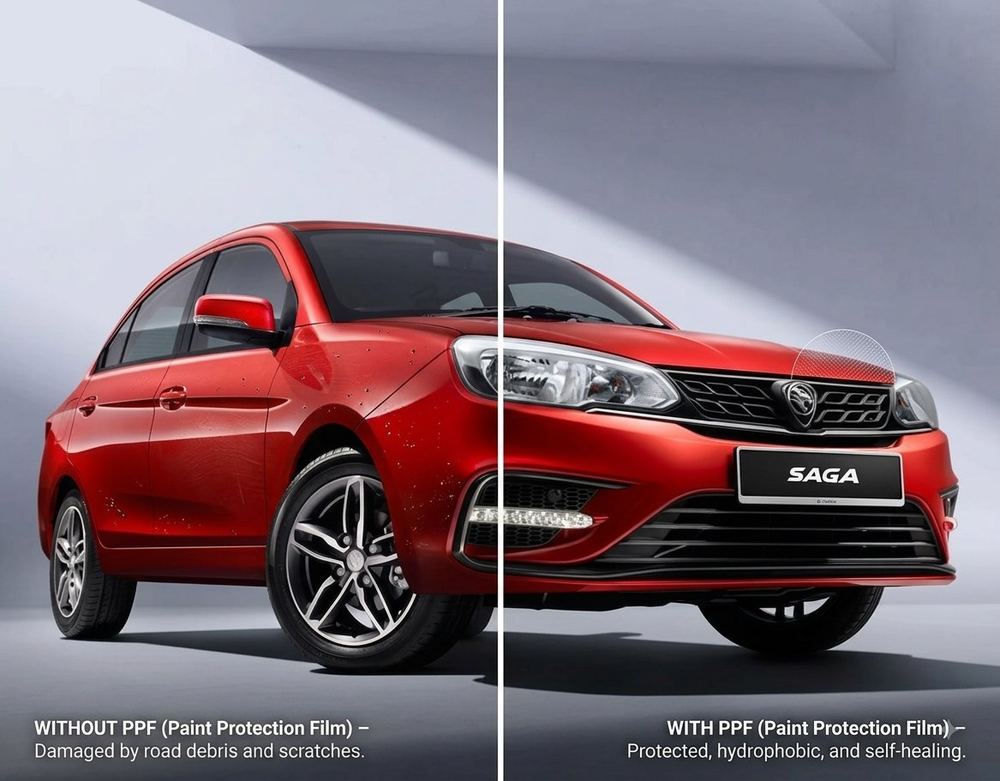 Proton Saga compared side by side: left without paint protection film showing chips and scratches, right with PPF fitted